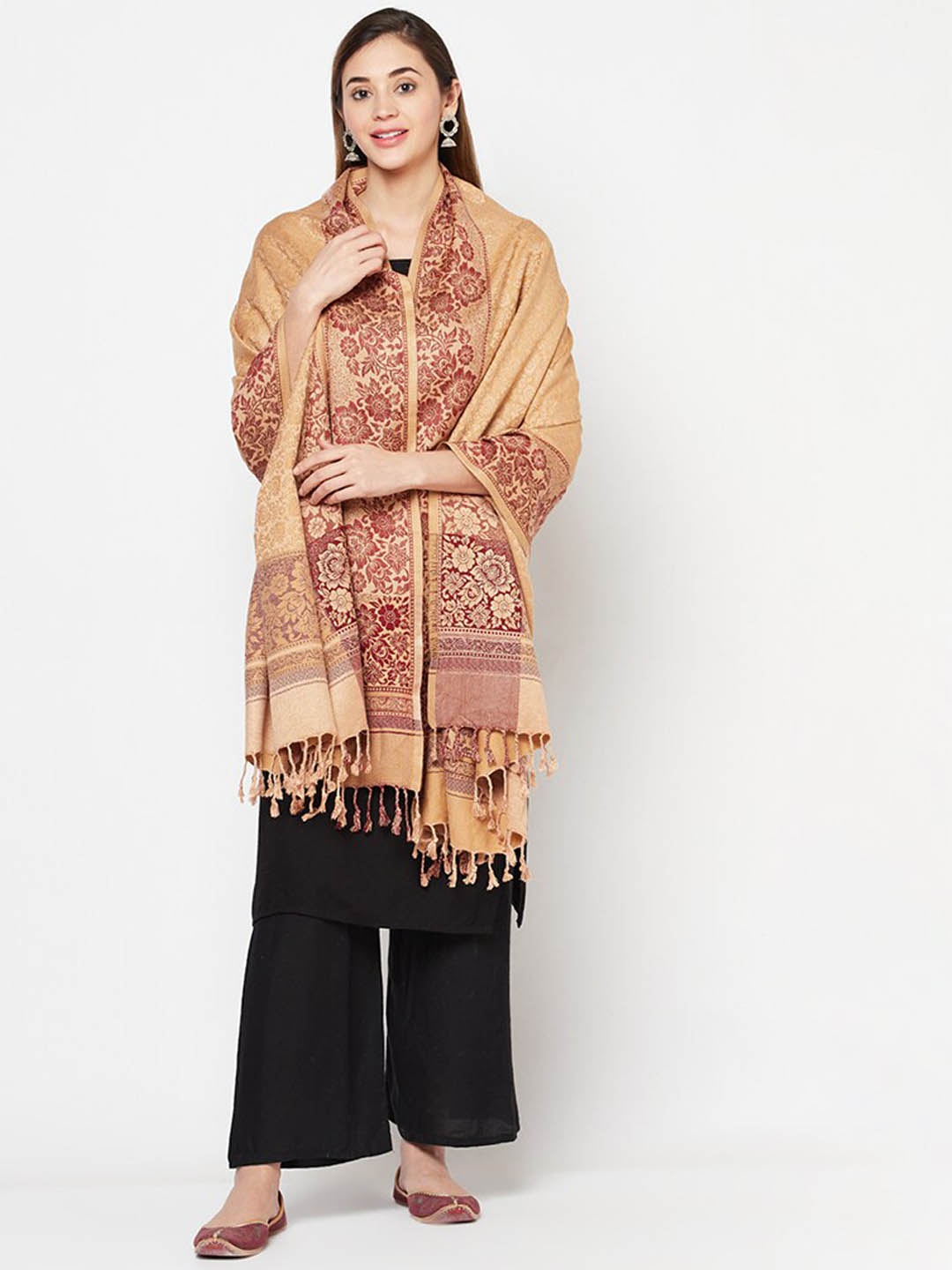 

Safaa Women Beige & Maroon Woven Design Shawl