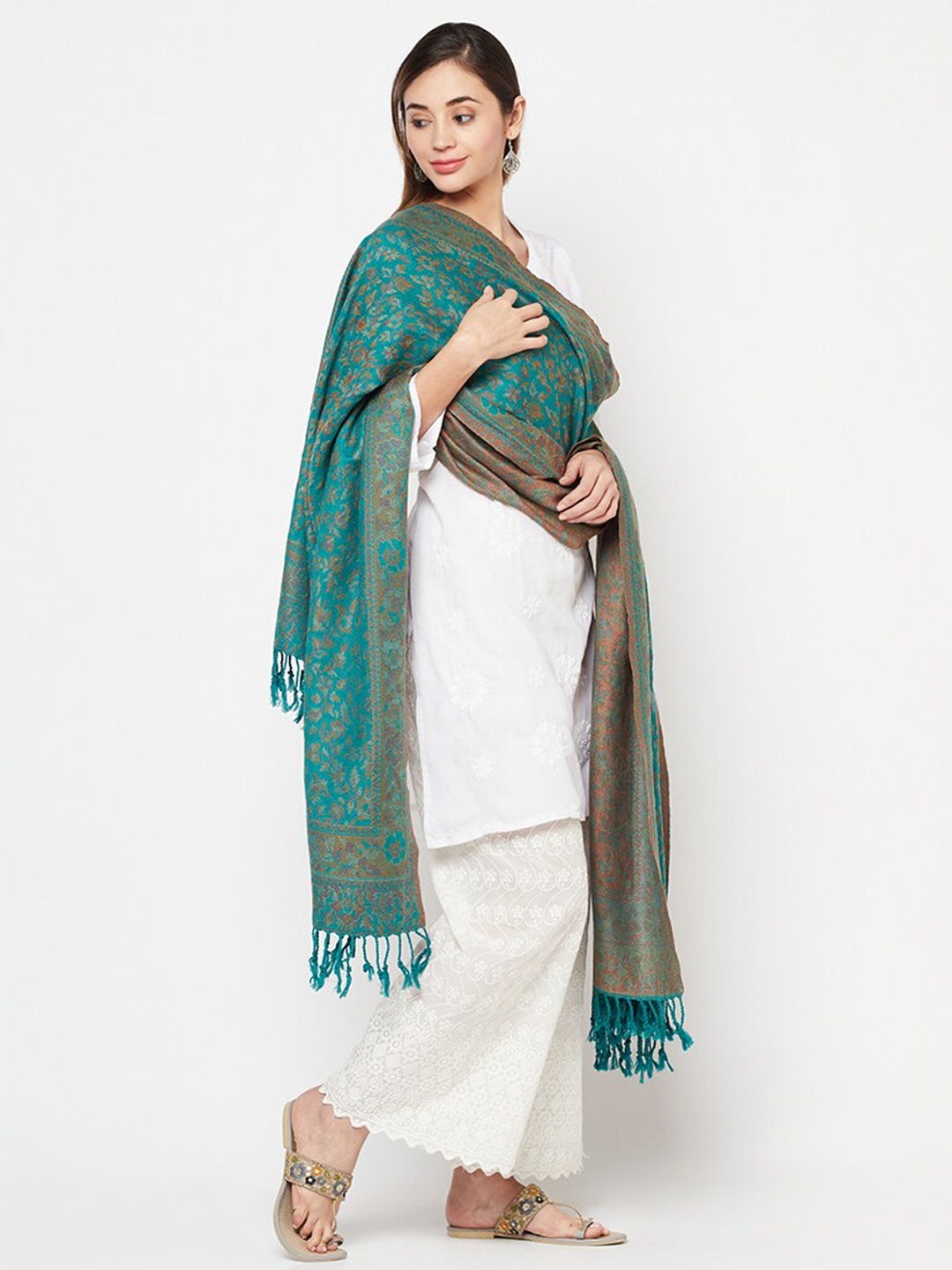 

Safaa Women Sea Green & Pink Woven Design Acrylic Blend Shawl