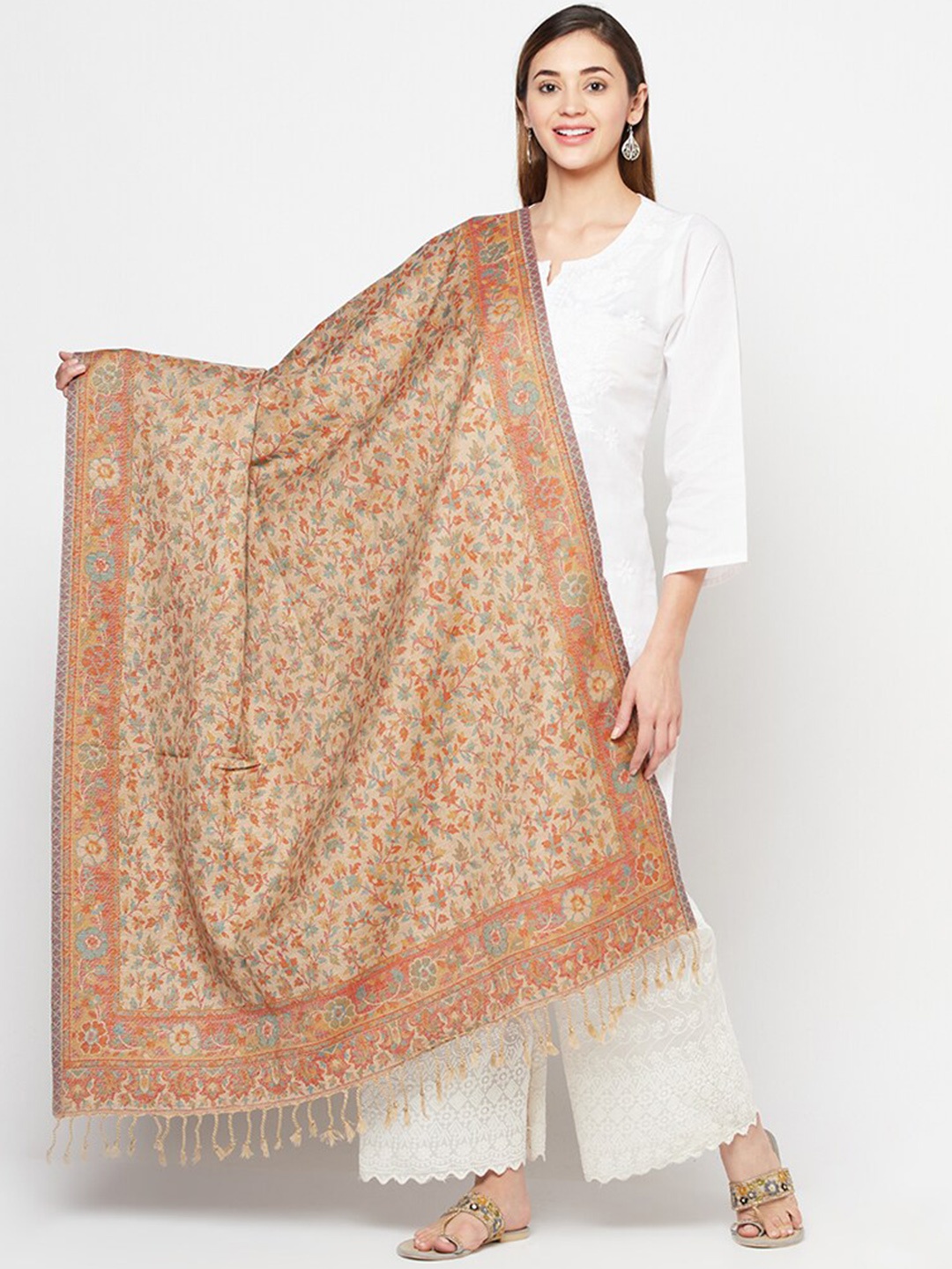 

Safaa Women Beige & Orange Woven Design Shawl