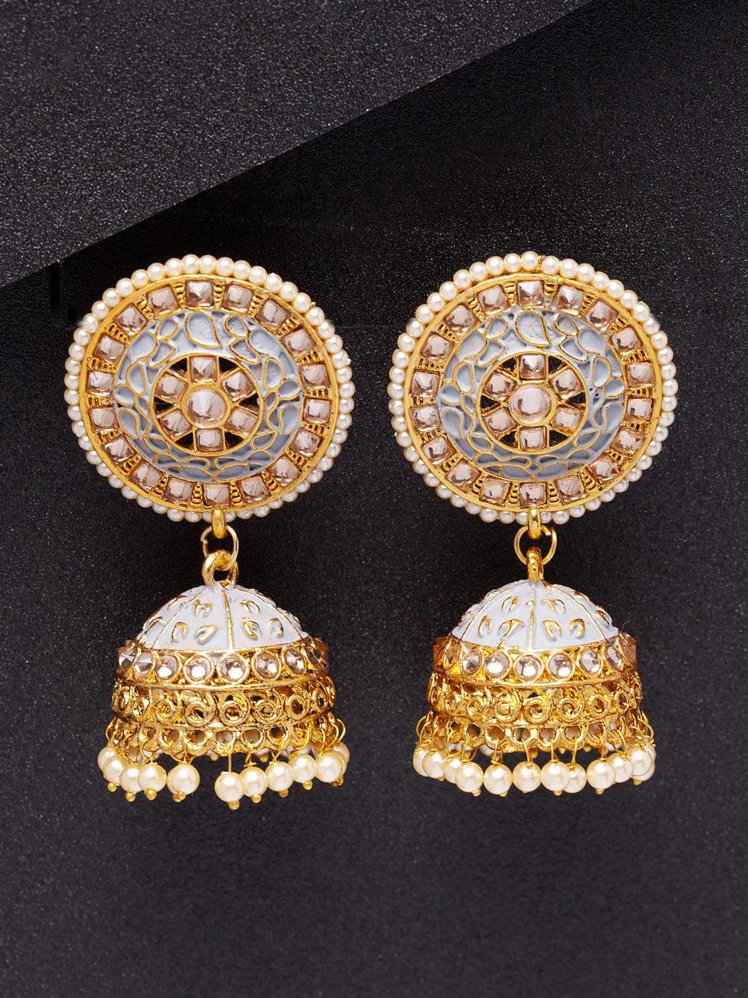 

Shining Diva Gold-Toned & Grey Contemporary Jhumkas Earrings