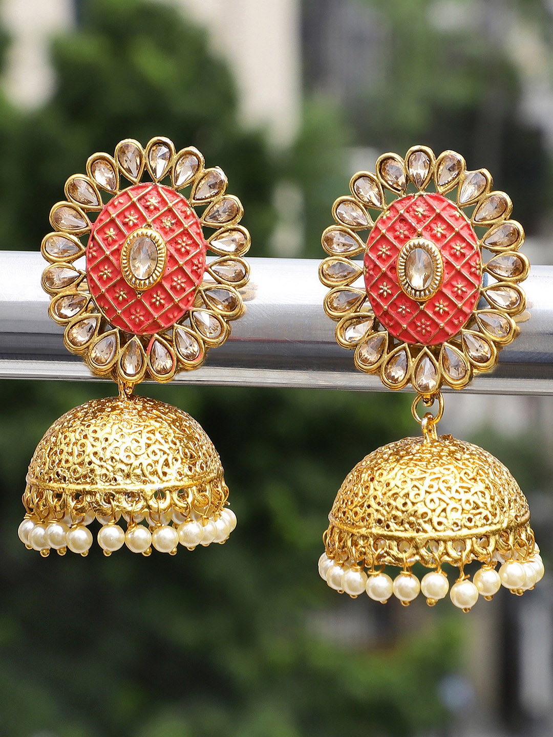 

Shining Diva Red & Gold-Toned Dome Shaped Jhumkas Earrings