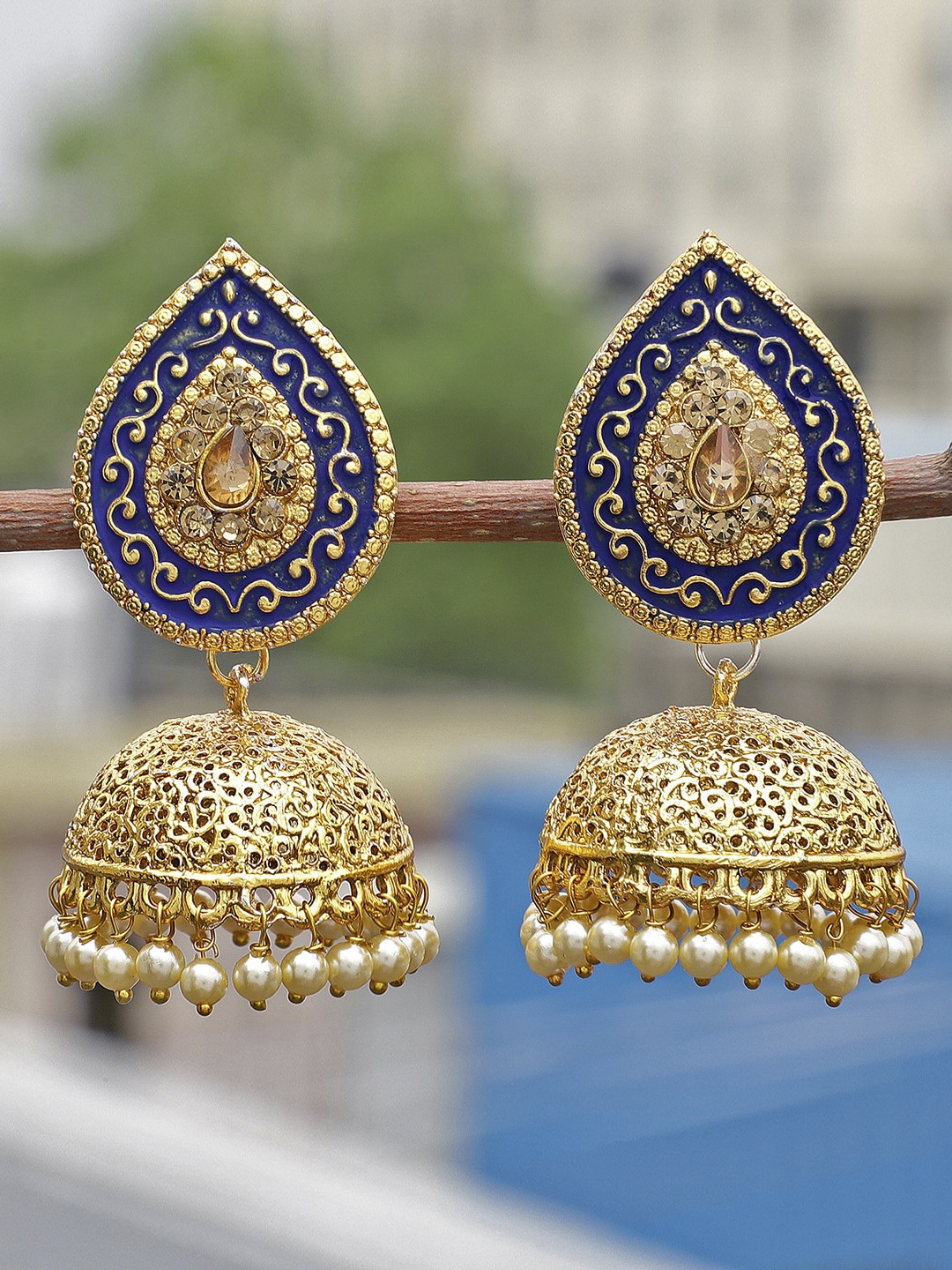 

Shining Diva Blue & Gold-Toned Dome Shaped Jhumkas Earrings