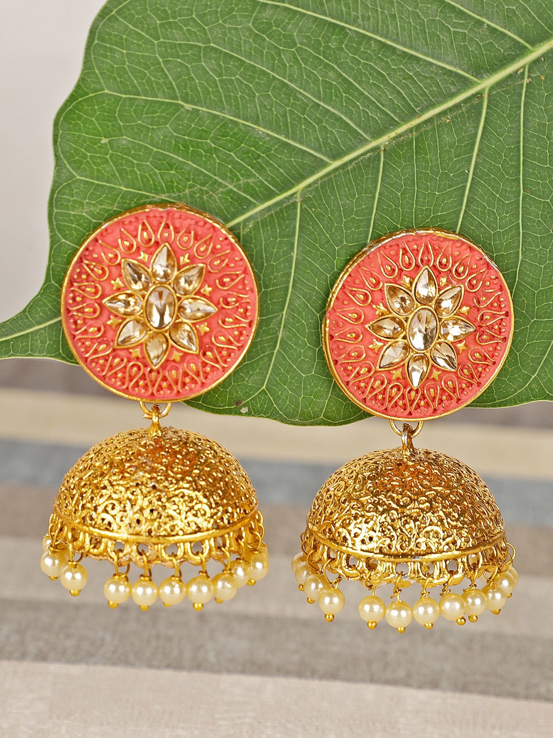 

Shining Diva Red & Gold-Toned Dome Shaped Jhumkas Earrings