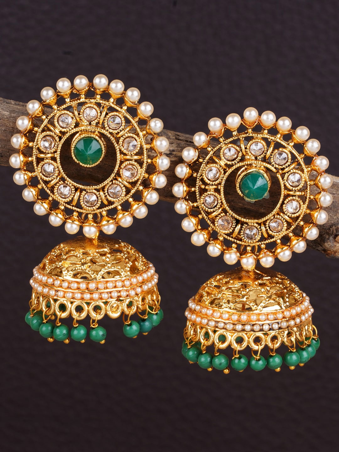 

Shining Diva Gold-Toned & Green Dome Shaped Jhumkas Earrings