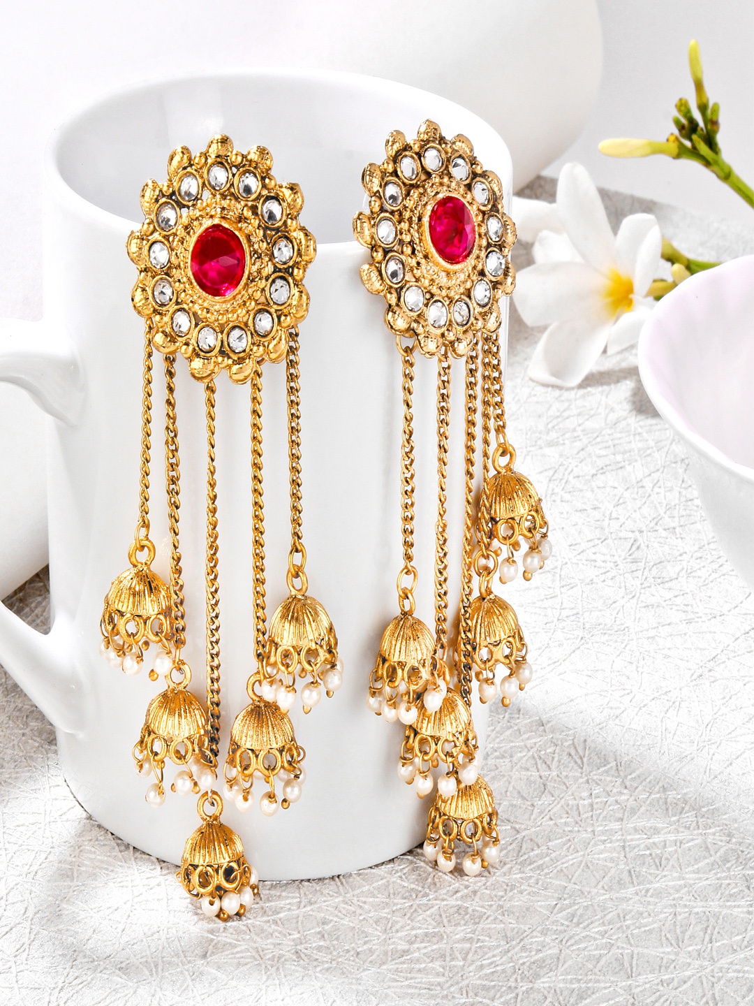 

Shining Diva Gold-Toned & Pink Contemporary Drop Earrings