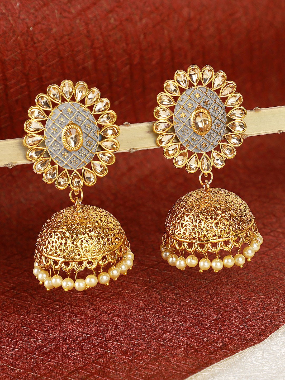 

Shining Diva Grey Gold-Plated Dome Shaped Jhumkas Earrings