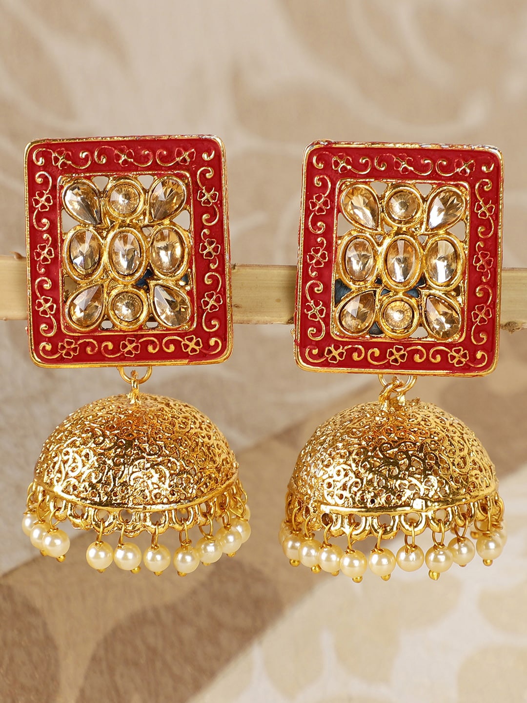 

Shining Diva Red & Gold-Toned Dome Shaped Jhumkas Earrings