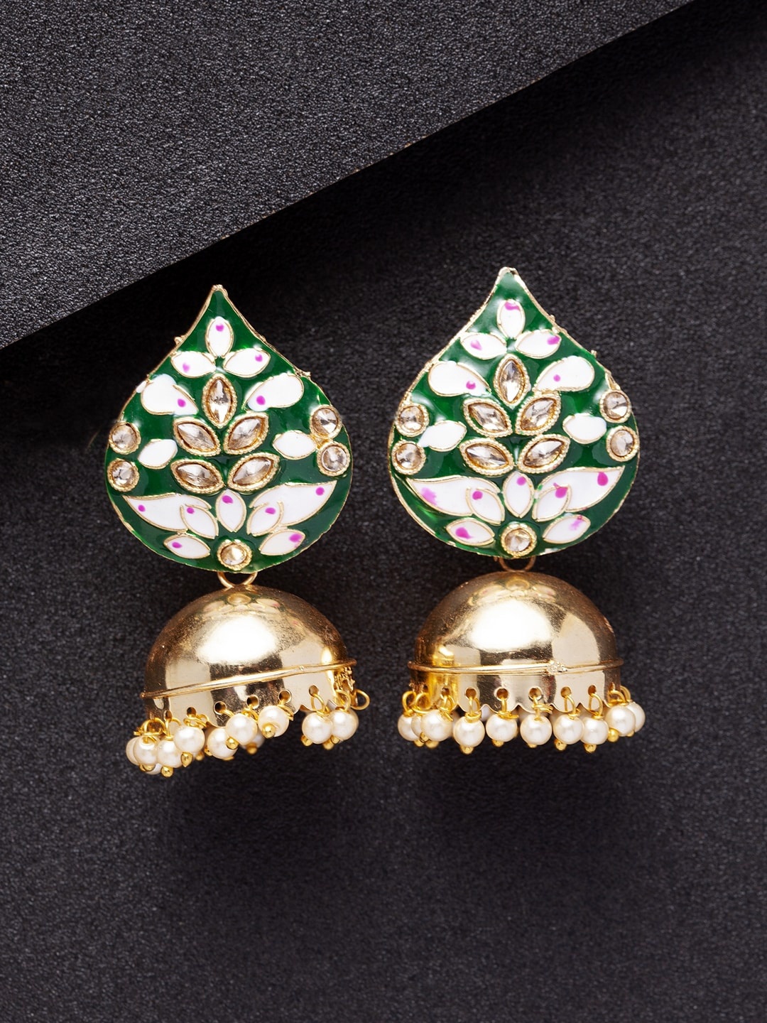 

Shining Diva Gold-Toned & Green Contemporary Jhumkas Earrings