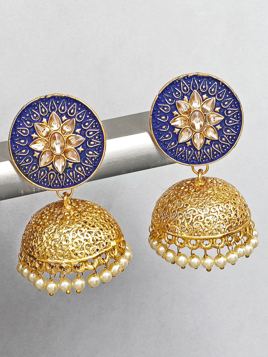 

Shining Diva Blue & Gold-Toned Dome Shaped Jhumkas Earrings