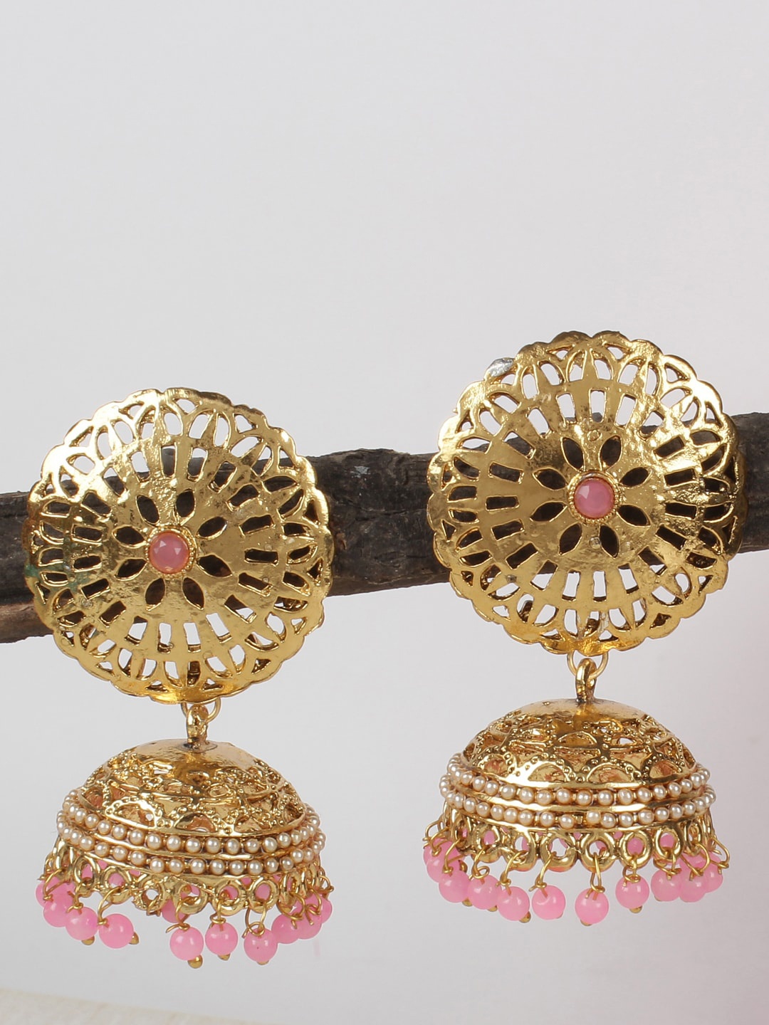 

Shining Diva Pink & Gold-Toned Contemporary Jhumkas Earrings