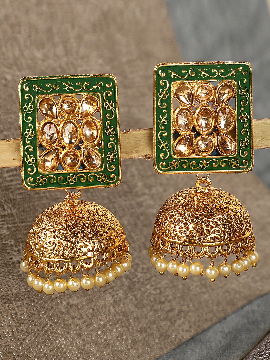 

Shining Diva Gold-Toned & Green Dome Shaped Jhumkas Earrings