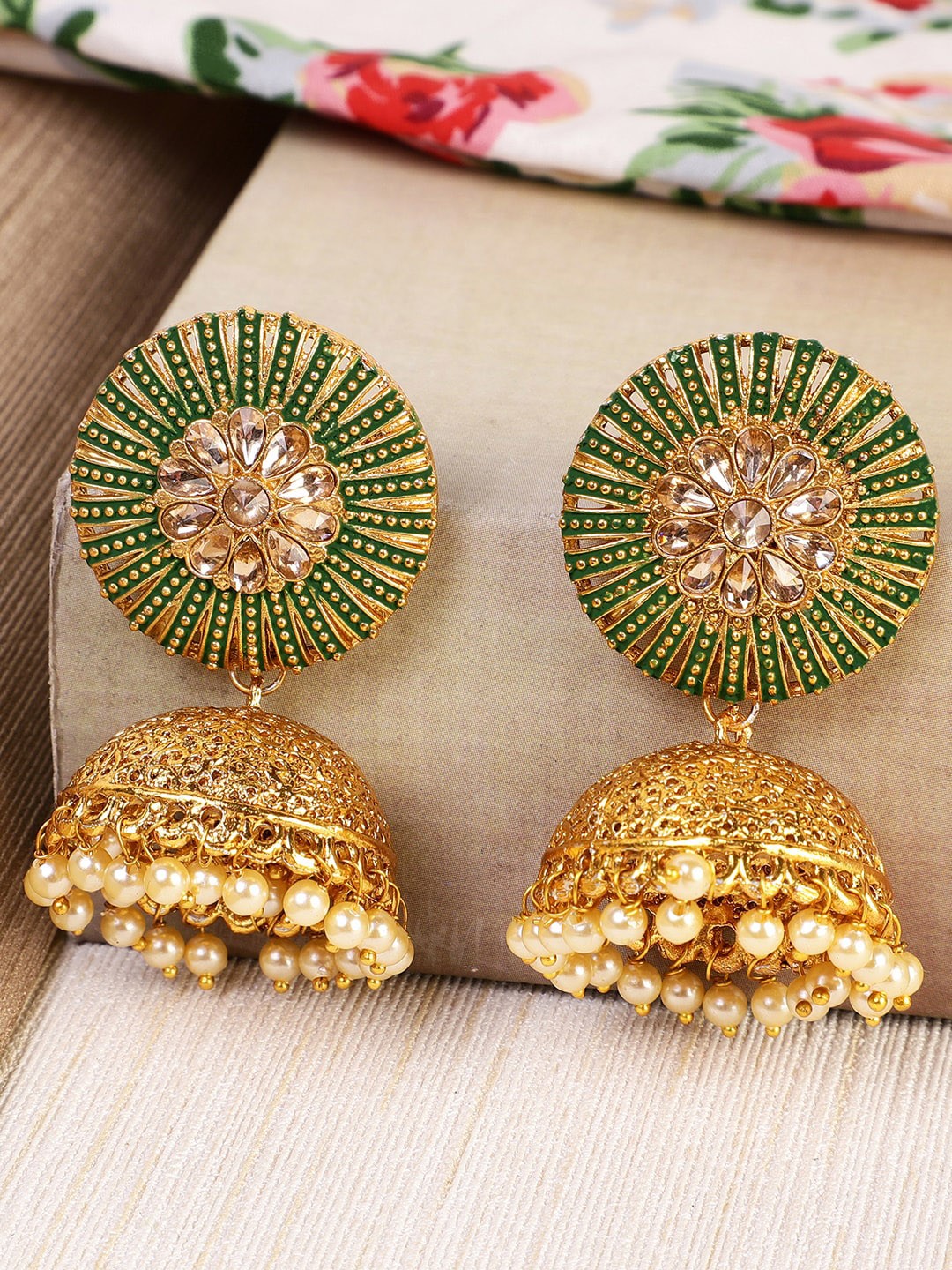 

Shining Diva Gold-Toned & Green Contemporary Jhumkas Earrings