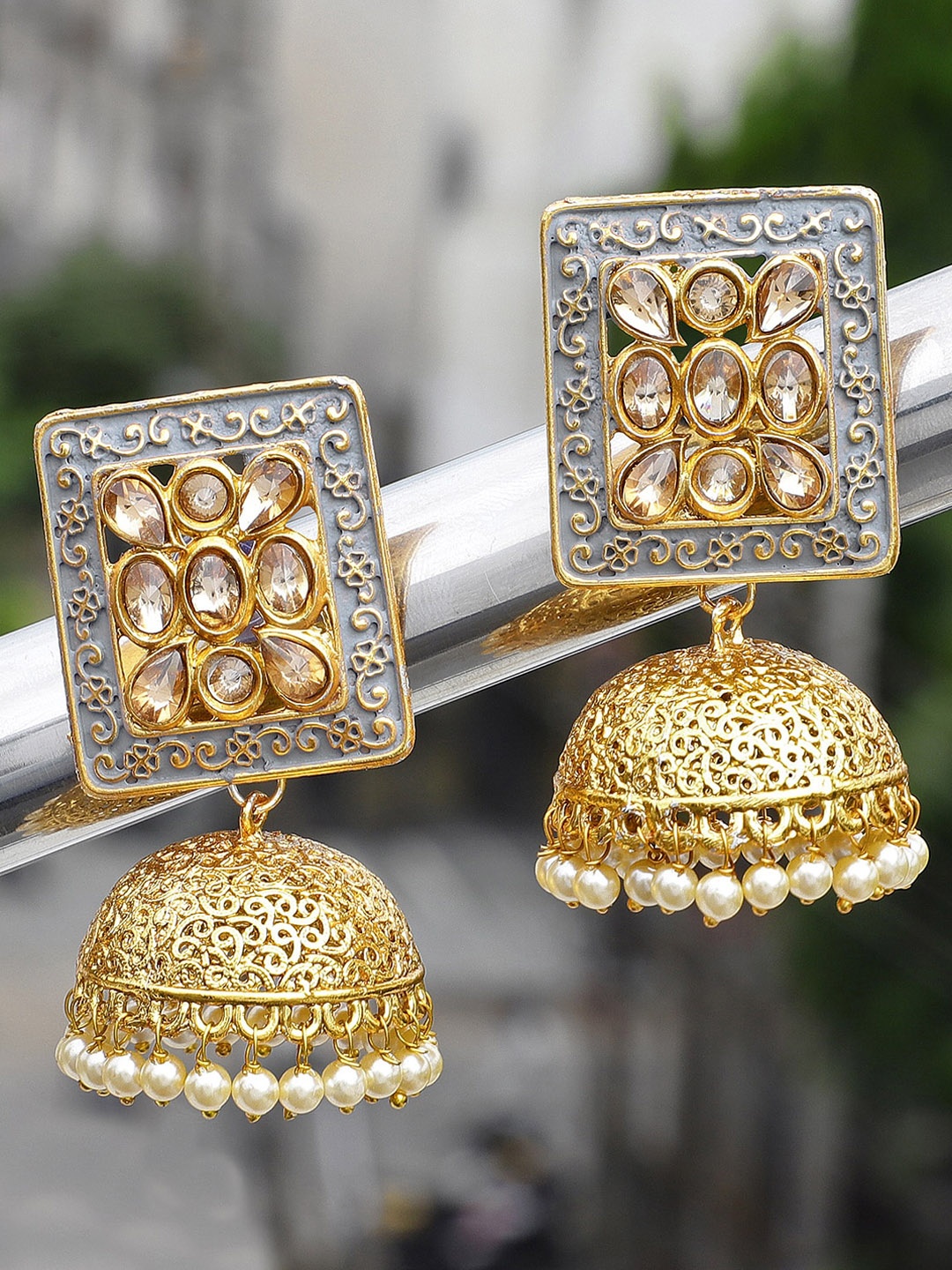 

Shining Diva Grey & Gold-Toned Dome Shaped Jhumkas Earrings