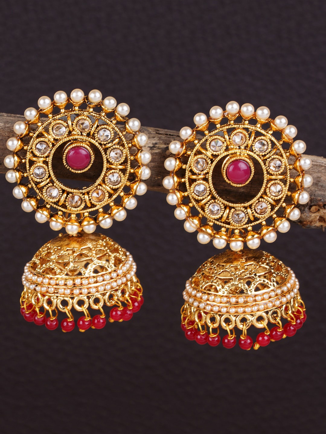 

Shining Diva Gold-Toned & Red Dome Shaped Jhumkas Earrings