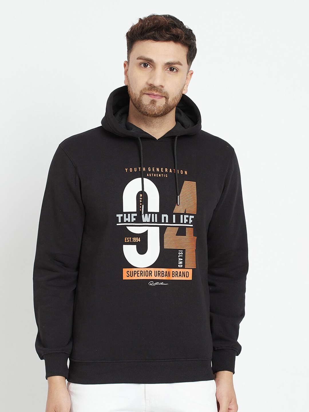 

Parcel Yard Men Black Printed Hooded Sweatshirt