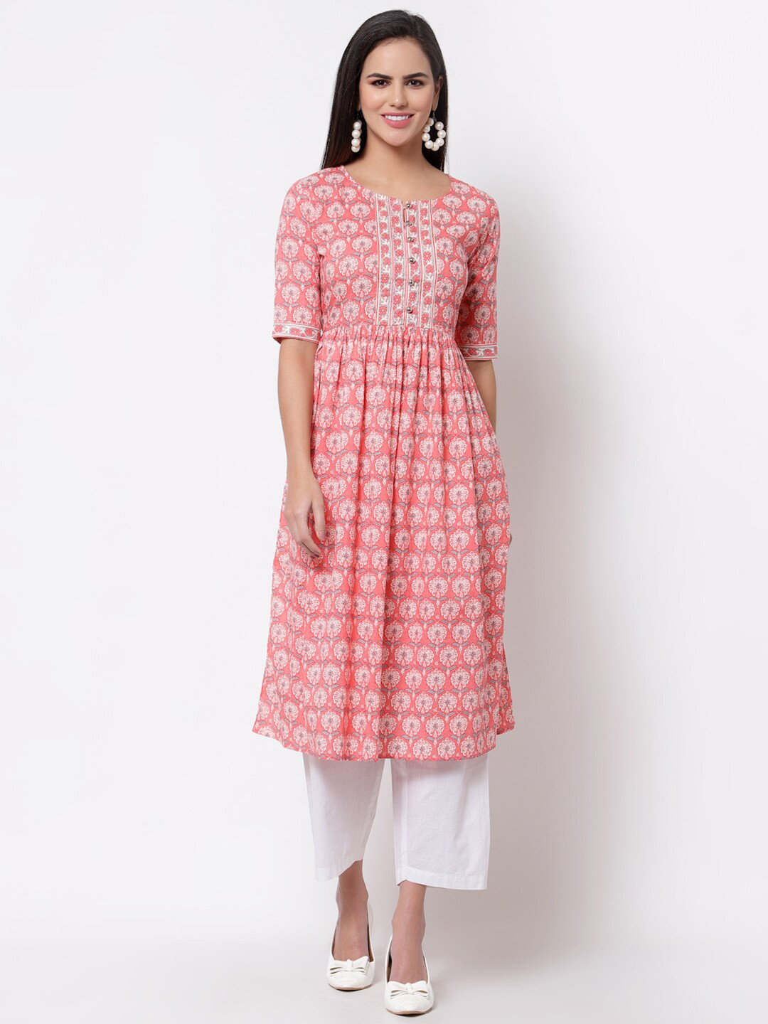 

Myshka Women Pink & White Ethnic Motifs Printed Kurta
