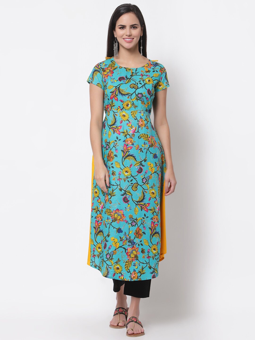 

Myshka Women Blue & Yellow Floral Printed Kurta