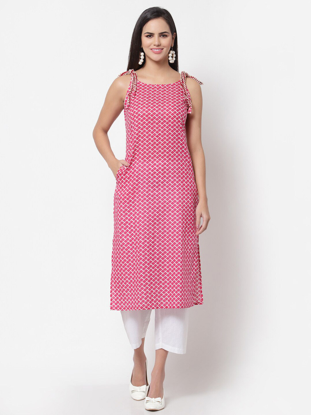 

Myshka Women Pink & Off White Geometric Printed Kurta