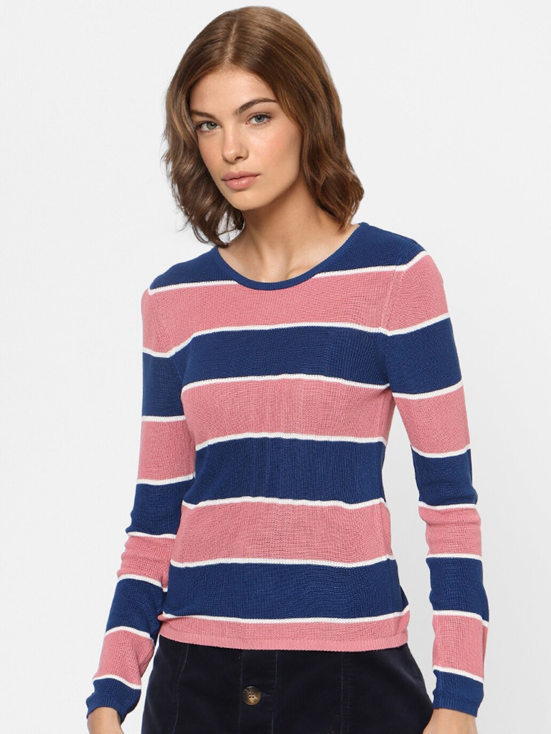 

ONLY Women Pink & Navy Blue Striped Pullover