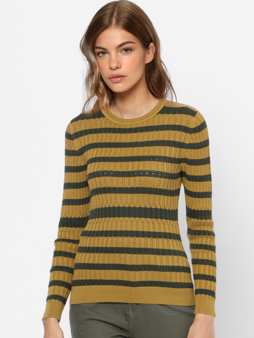 

ONLY Women Green & Mustard Striped Cotton Pullover