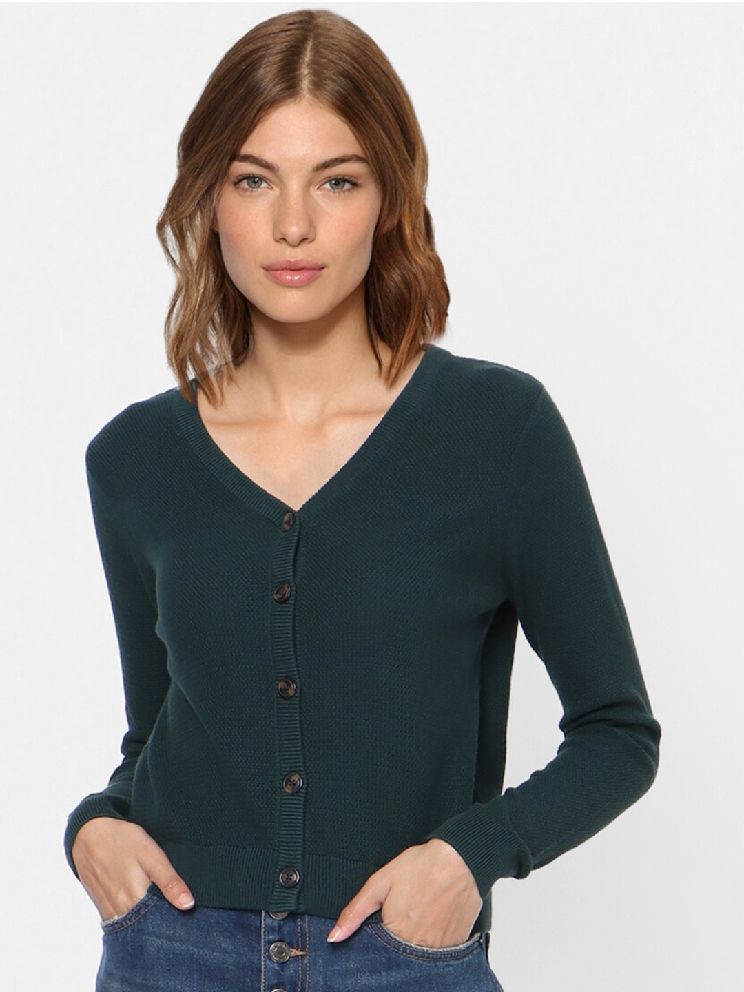

ONLY Women Teal Solid Front Open Crop Cardigan