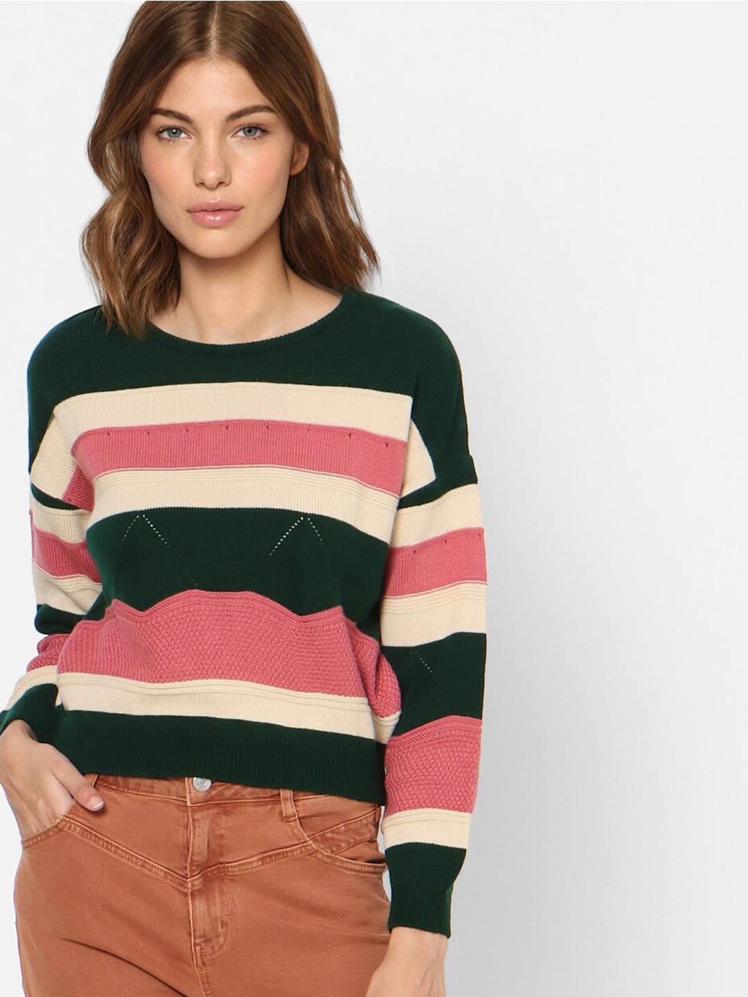 

ONLY Women Green & Pink Striped Acrylic Pullover