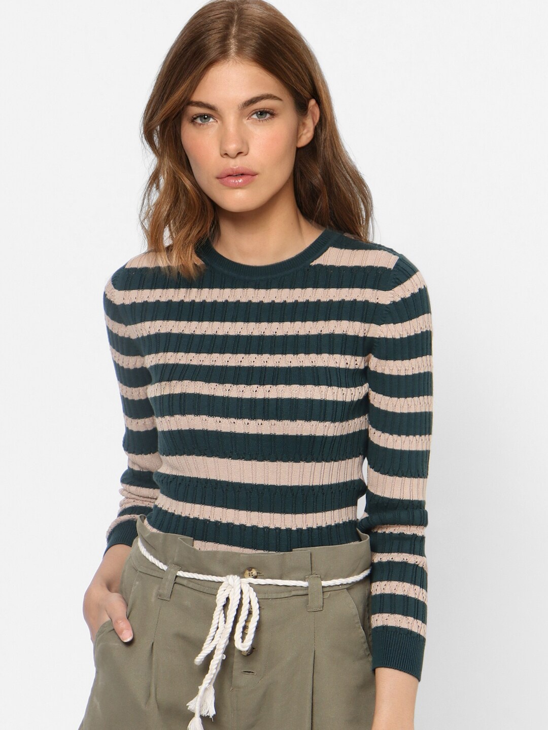 

ONLY Women Green & Mauve Striped Pullover