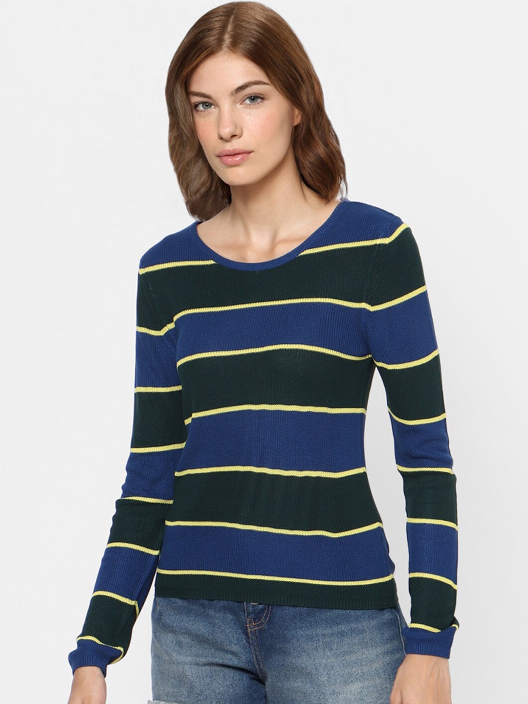 

ONLY Women Blue & Yellow Woolen Striped Sweaters