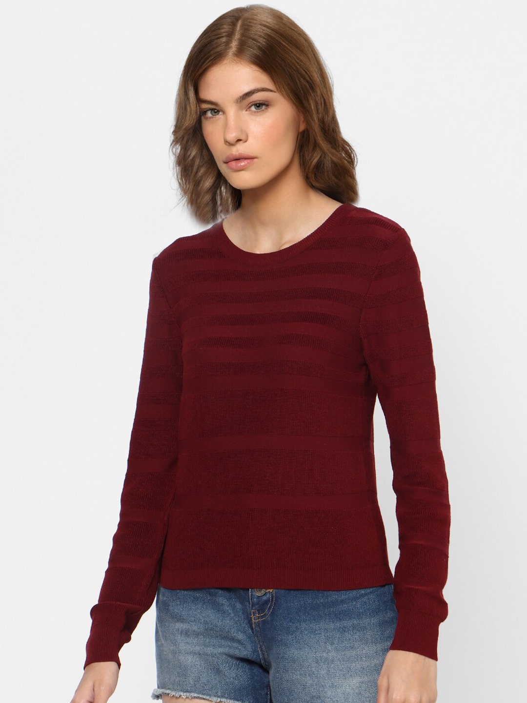 

ONLY Women Maroon Striped Pullover