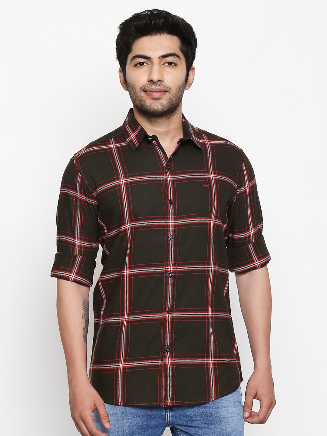 

Mufti Men Olive Green Slim Fit Windowpane Checks Checked Cotton Casual Shirt