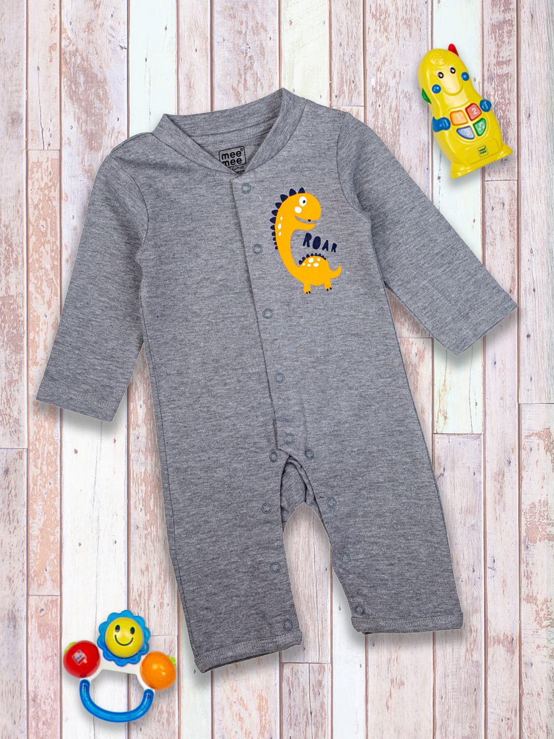 

MeeMee Infant Boys Grey Melange Printed Cotton Rompers