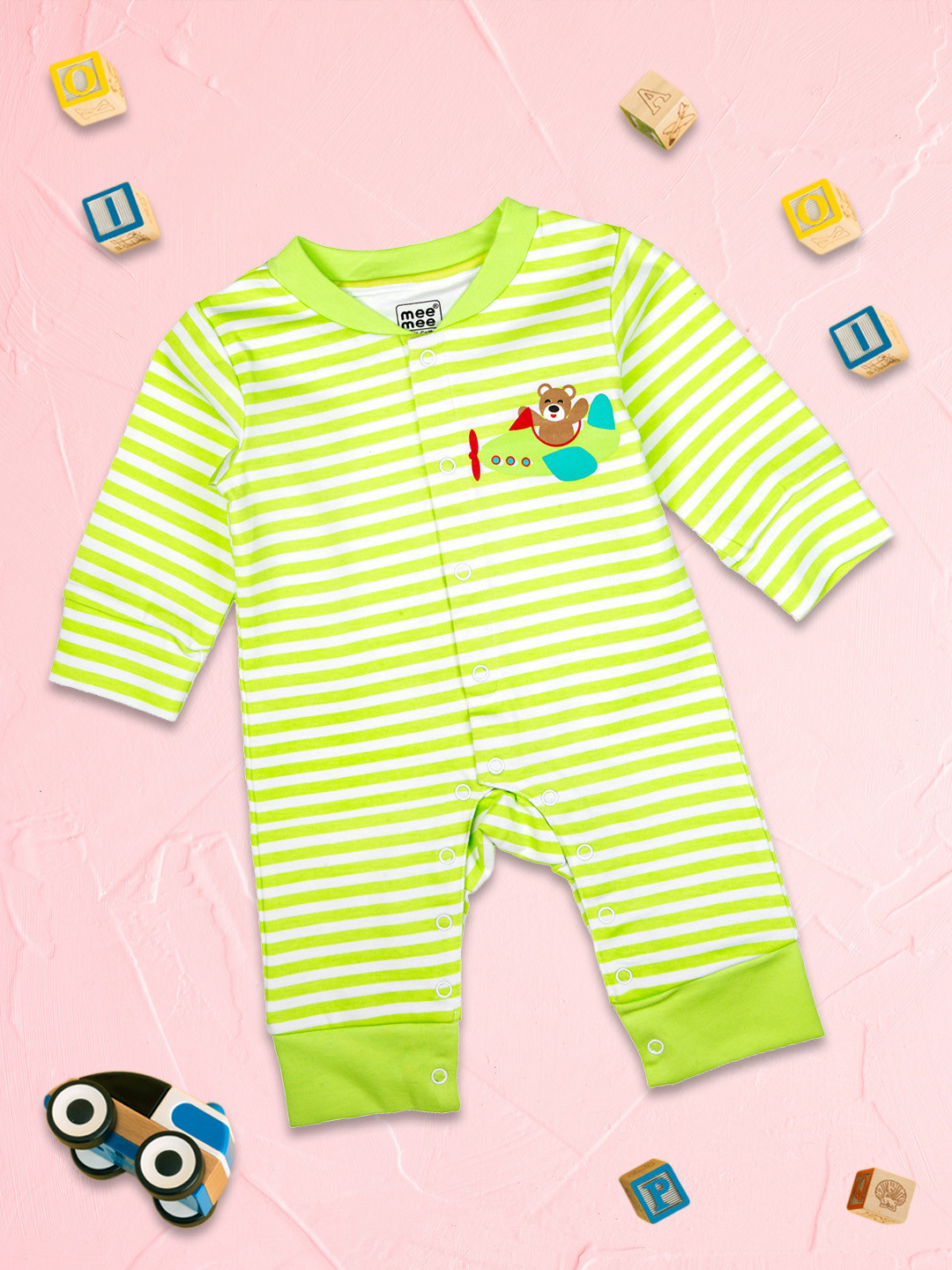 

MeeMee Boys Lime Green Striped Cotton Rompers