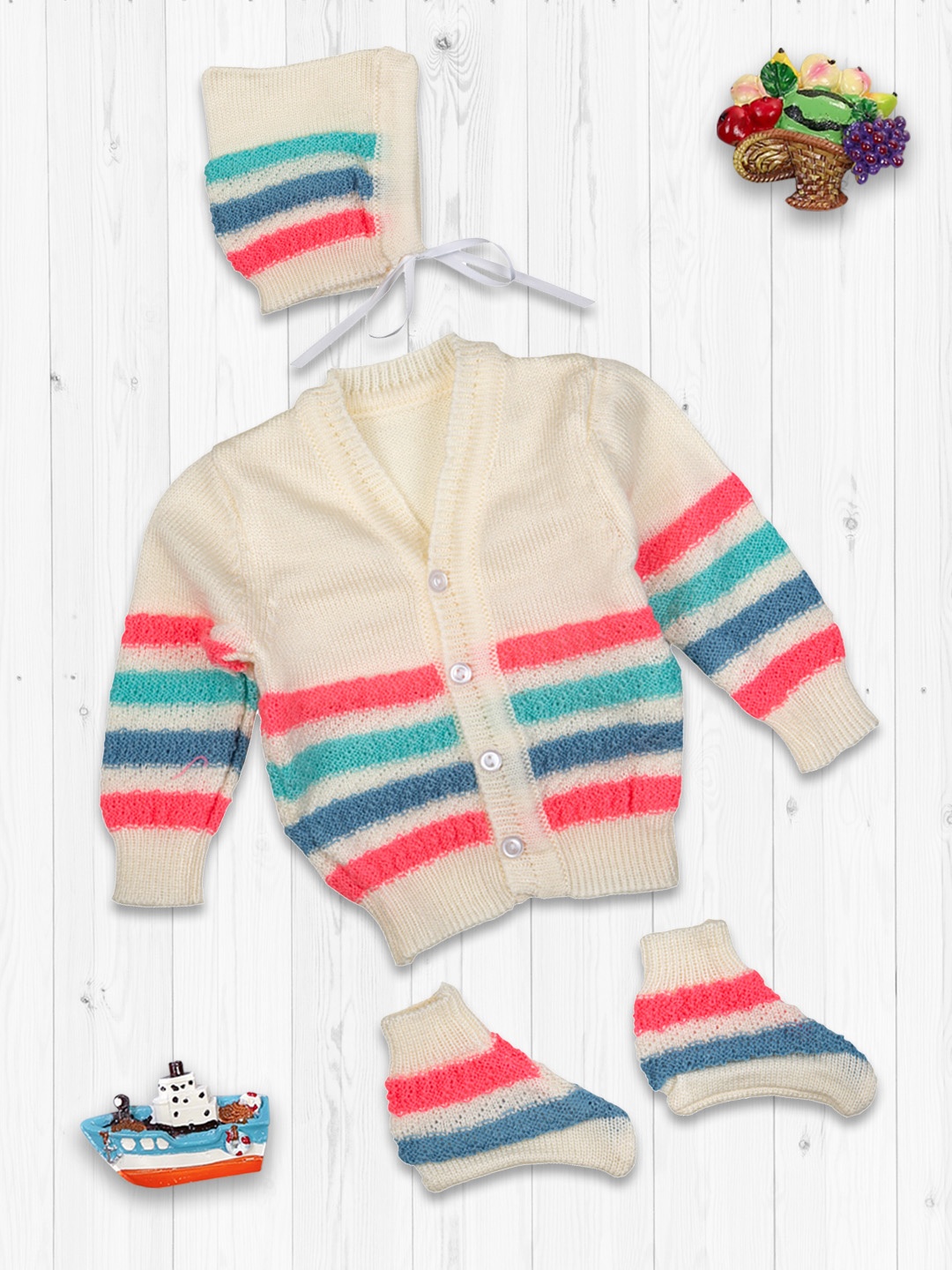 

MeeMee Unisex Kids Cream-Coloured & Blue Colourblocked Striped