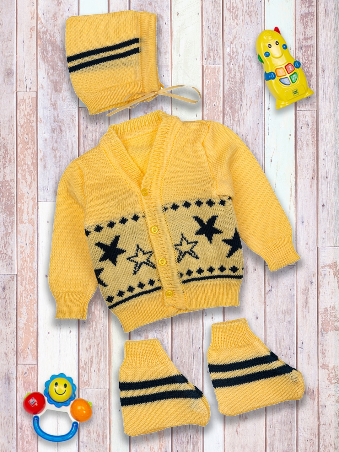 

MeeMee Kids Pack Of 3 Yellow & Black Self Design Sweater With Booties & Beanie