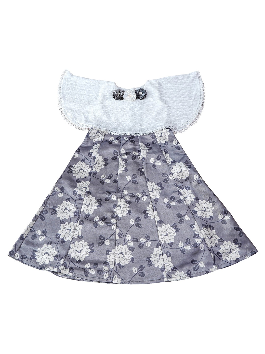 

Enfance Grey & White Floral Flared Sleeves Dress