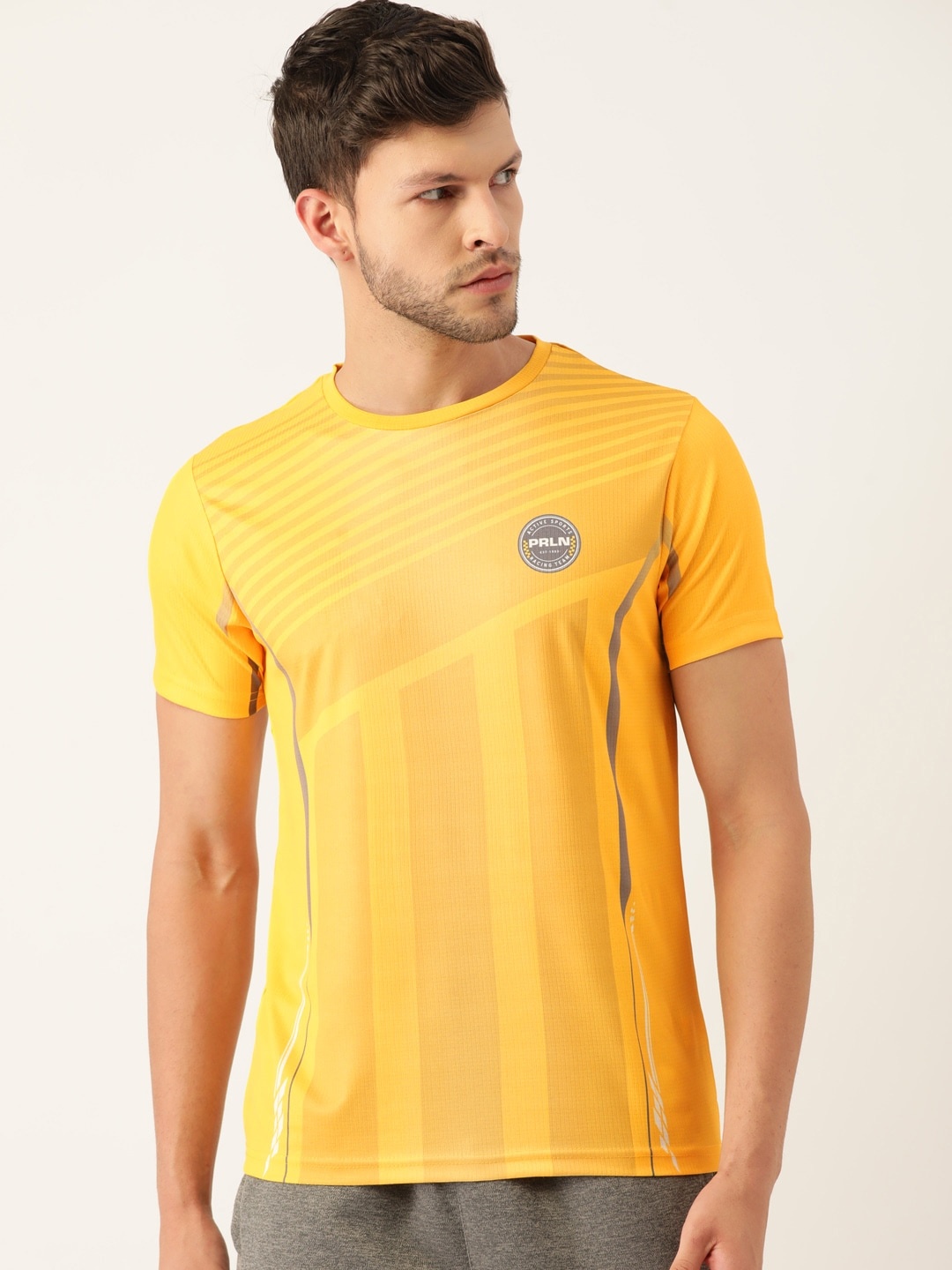 

Proline Active Men Yellow & Grey Waffle Knit Striped T-shirt