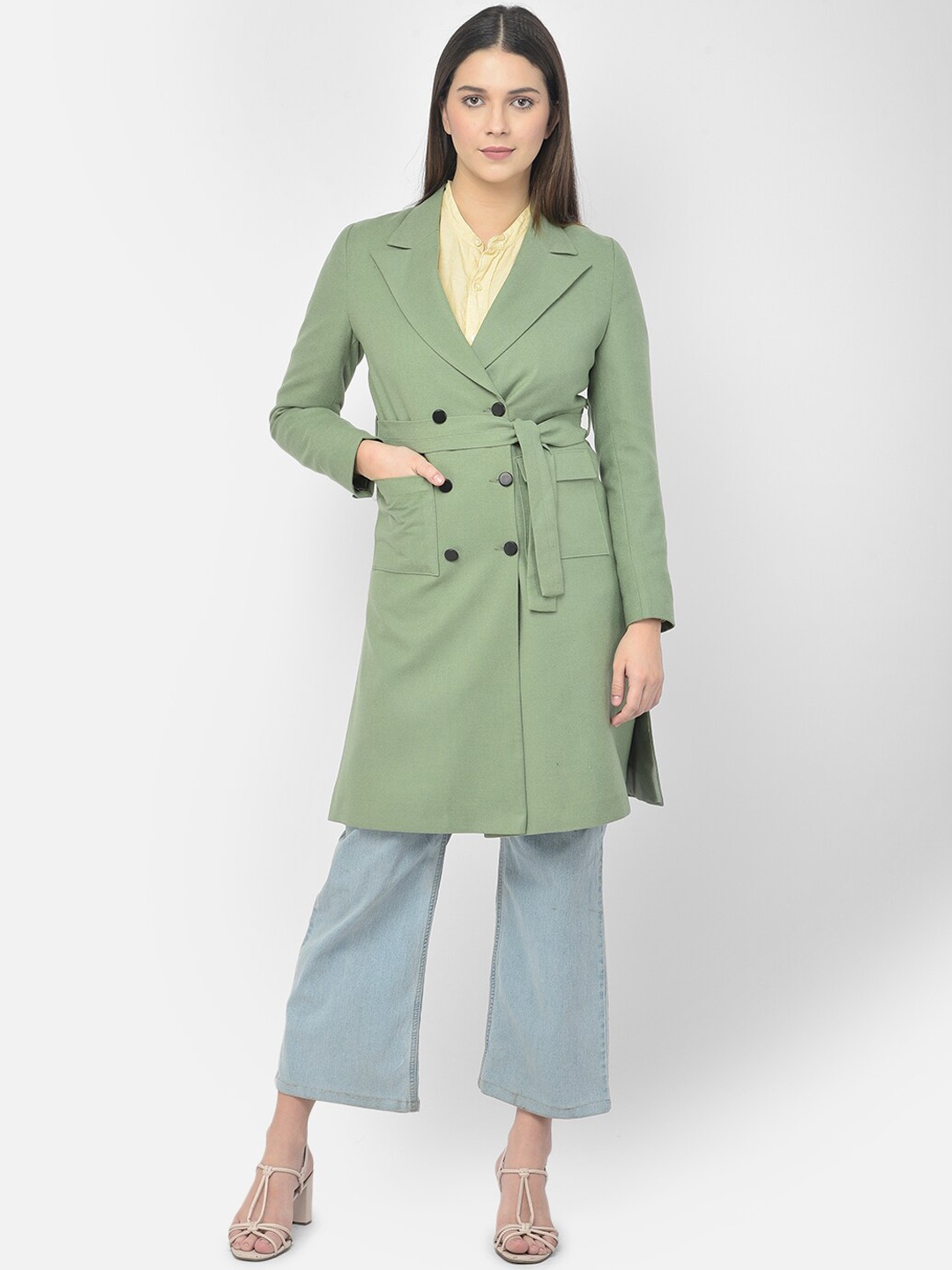 

AUDSTRO Women Green Solid Double Breasted Longline Trench Coat