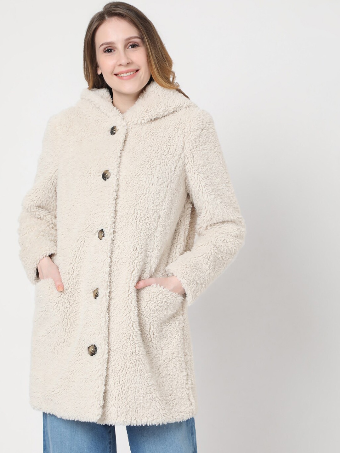 

Vero Moda Women Beige Hooded Fur Overcoat