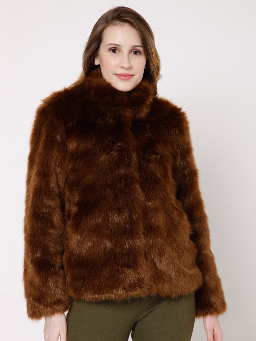

Vero Moda Women Brown Animal Printed Faux Fur Overcoat Jacket