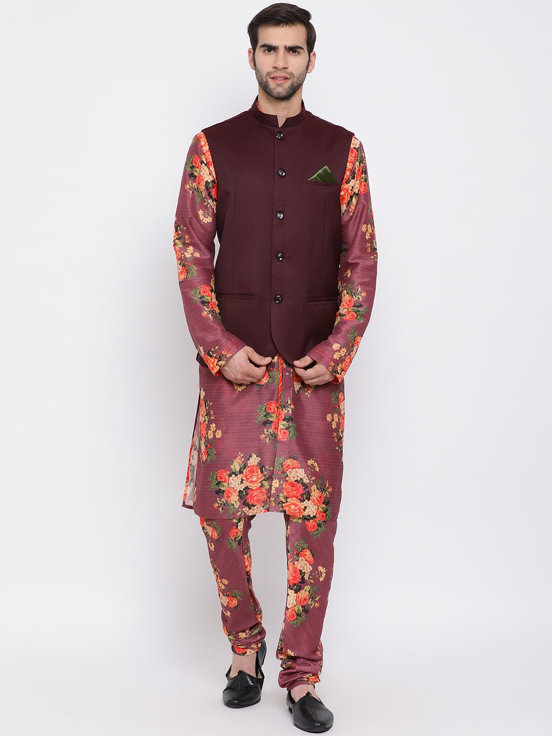 

VASTRAMAY Men Purple Floral Printed Kurta with Churidar & Nehru Jacket