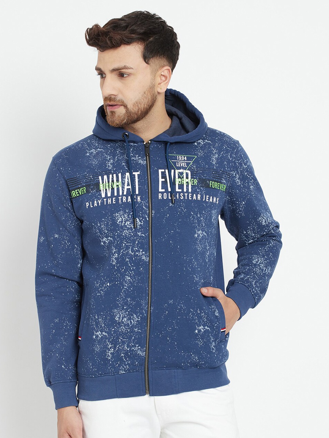 

Parcel Yard Men Blue Printed Hooded Sweatshirt