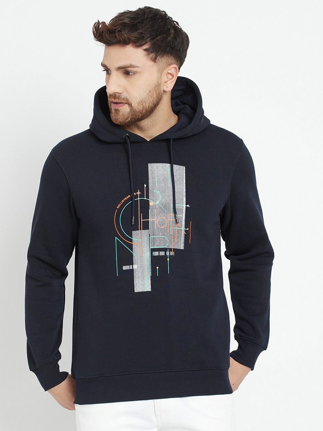 

Parcel Yard Men Navy Blue Printed Hooded Sweatshirt