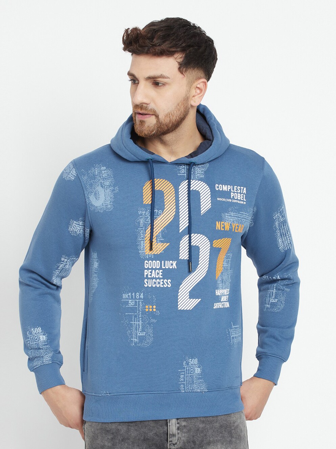

Parcel Yard Men Blue Printed Hooded Sweatshirt