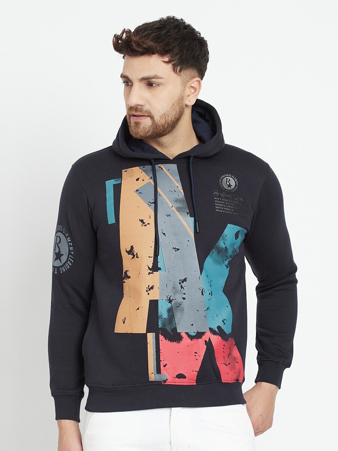 

Parcel Yard Men Navy Blue Printed Hooded Sweatshirt
