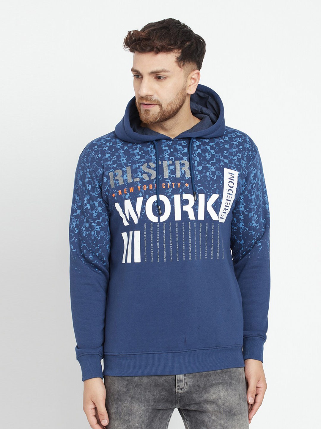 

Parcel Yard Men Blue Printed Hooded Sweatshirt