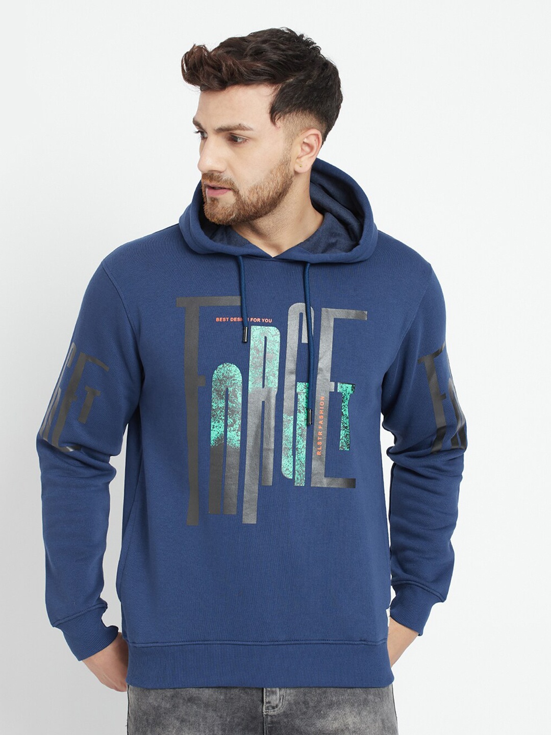

Parcel Yard Men Blue Printed Hooded Sweatshirt
