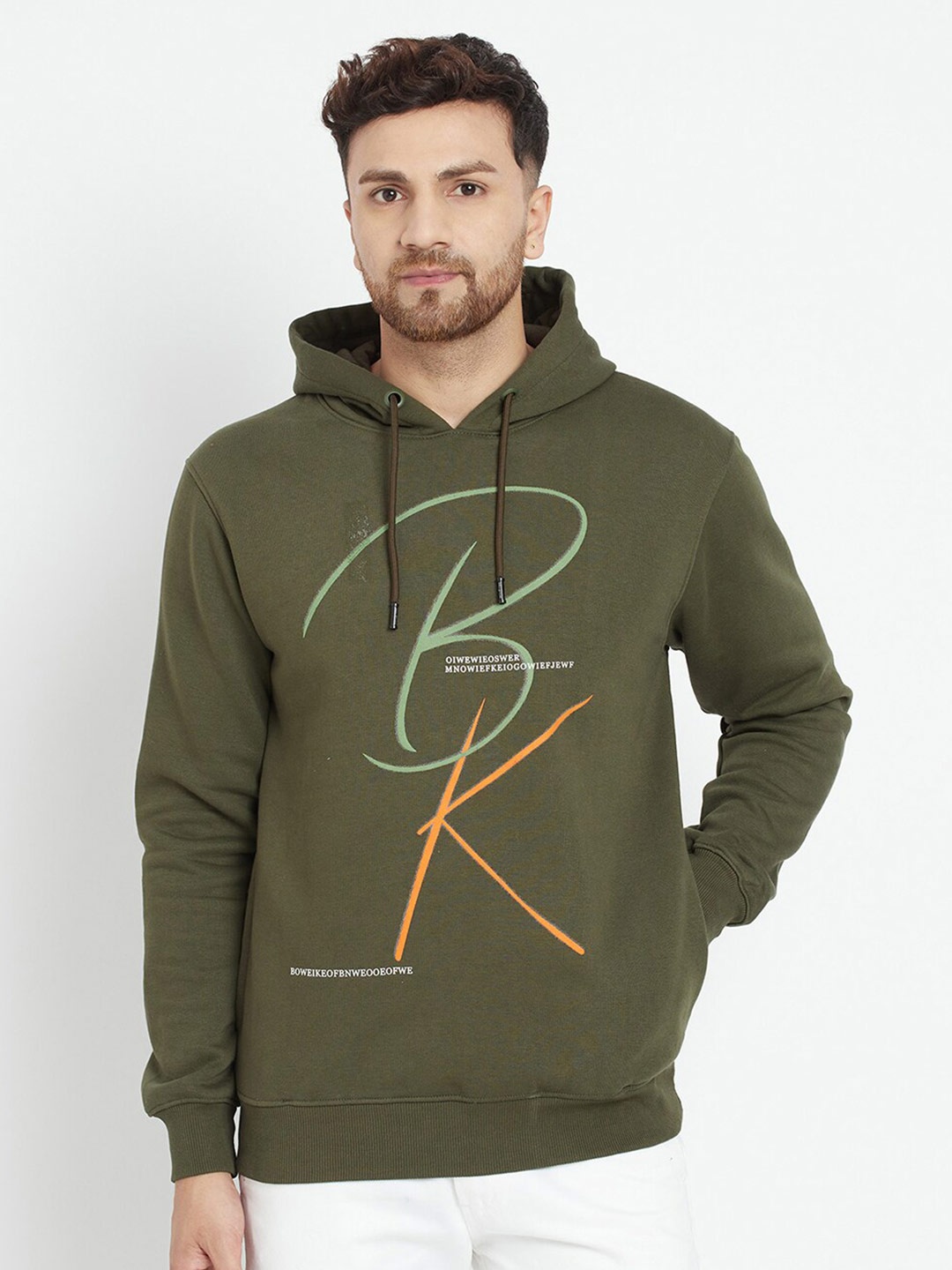

Parcel Yard Men Olive Green Printed Hooded Sweatshirt