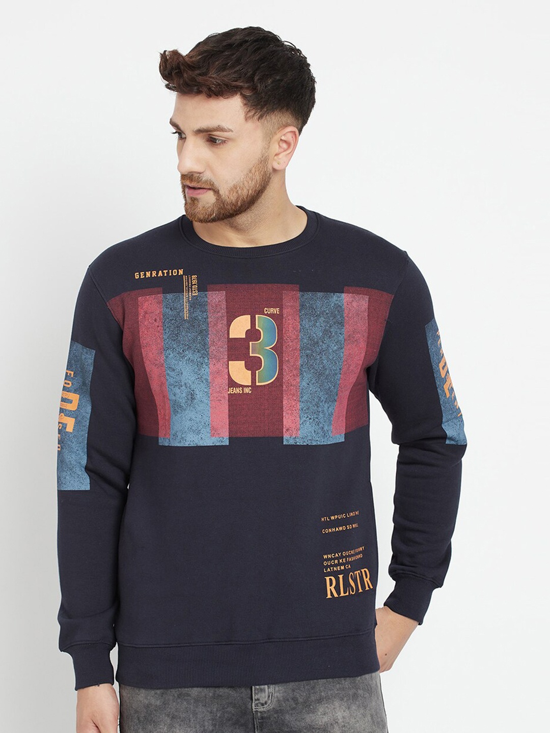 

Parcel Yard Men Navy Blue Printed Sweatshirt