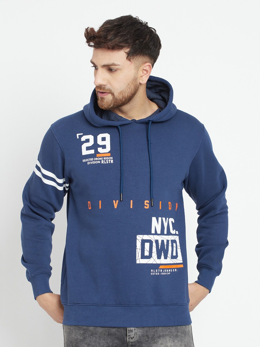 

Parcel Yard Men Blue Printed Hooded Sweatshirt
