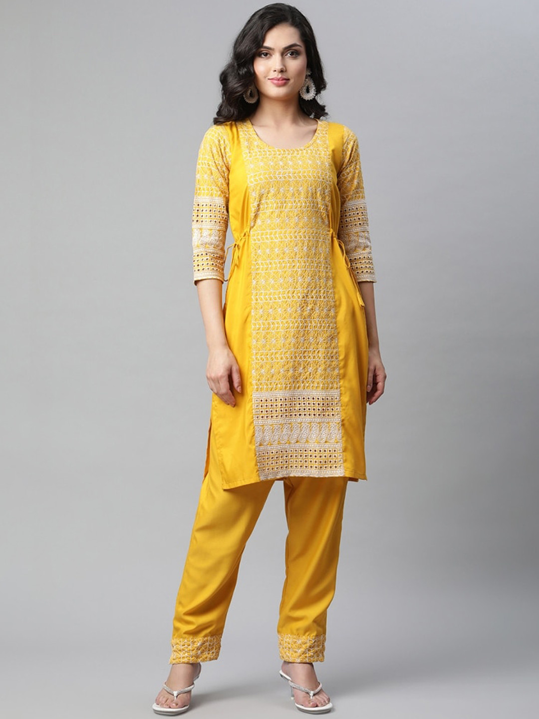 

OM SAI LATEST CREATION Women Yellow Embroidered Kurta